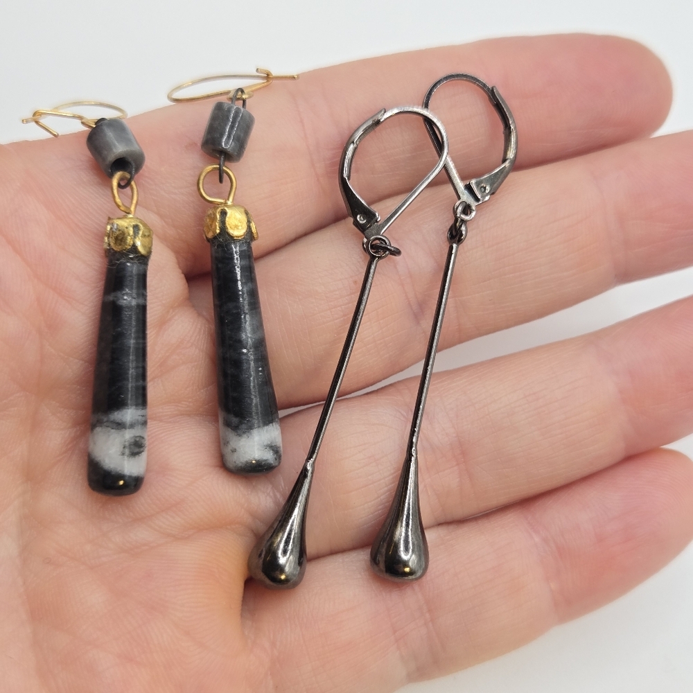 Vintage Gold Tone Black Quartz Stone Earrings and Long Teardrop SET Southwestern